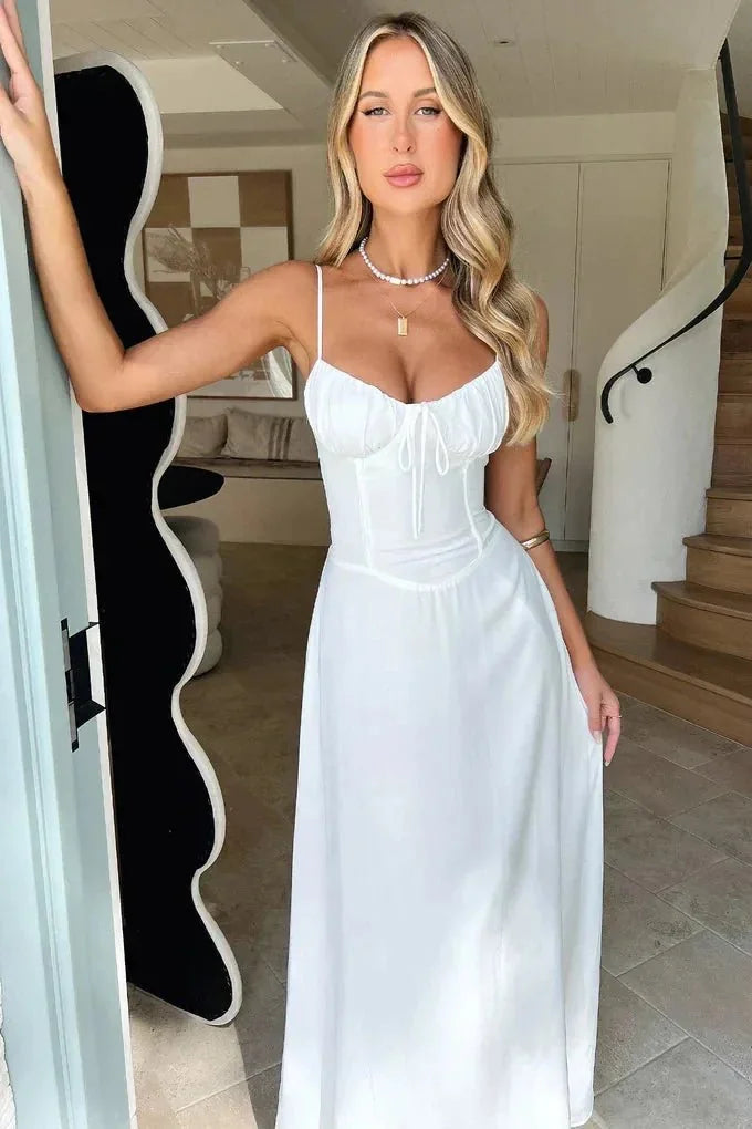 White Women's Sleeveless Maxi Dress With Lace-Up Detail — Layla Sweetheart Neckline Elegant - Side Pose Indoor