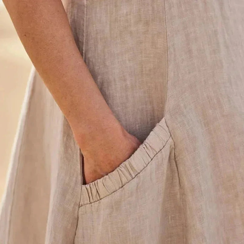 Beige Women's Sleeveless Midi Summer Dress — Lillian Pockets Comfortable Casual - Pocket Detail