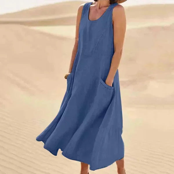 Blue Women's Sleeveless Midi Summer Dress — Lillian Pockets Comfortable Casual - Relaxed Pose