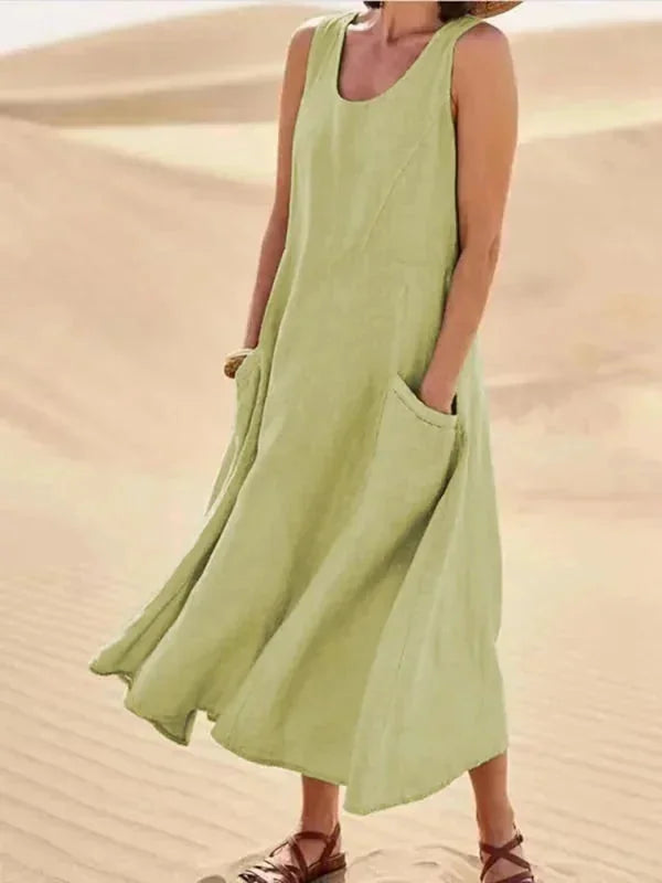 Olive Women's Sleeveless Midi Summer Dress — Lillian Pockets Comfortable Casual - Lifestyle Casual