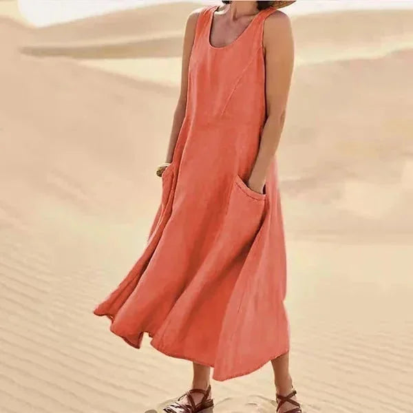 Orange Women's Sleeveless Midi Summer Dress — Lillian Pockets Comfortable Casual - Outdoor Pose