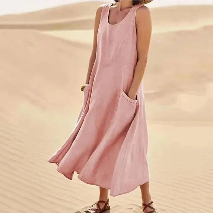 Pink Women's Sleeveless Midi Summer Dress — Lillian Pockets Comfortable Casual - Front Full