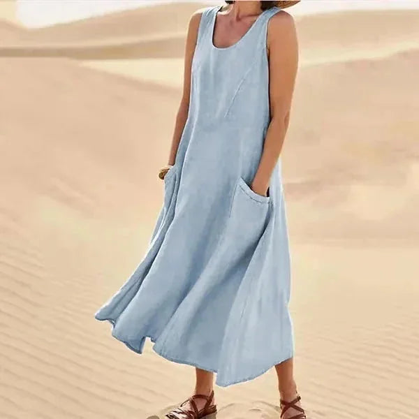 Sky Blue Women's Sleeveless Midi Summer Dress — Lillian Pockets Comfortable Casual - Side Pose
