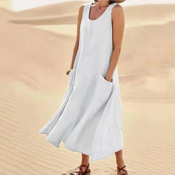 White Women's Sleeveless Midi Summer Dress — Lillian Pockets Comfortable Casual - Studio