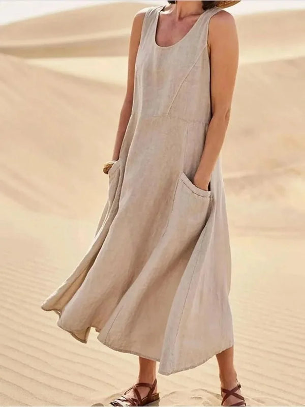 Beige Women's Sleeveless Scoop Neck Beach Dress With Pockets — Elena Casual Midi Sundress - Front Full