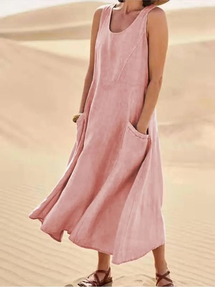 Light Pink Women's Sleeveless Scoop Neck Beach Dress With Pockets — Elena Casual Midi Sundress - Side Walking
