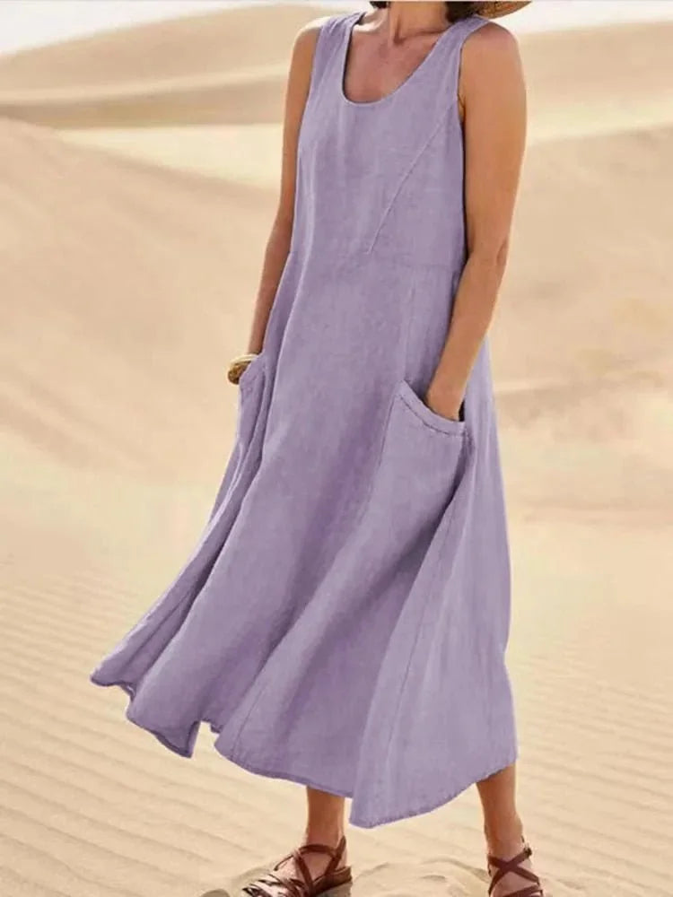 Lilac Women's Sleeveless Scoop Neck Beach Dress With Pockets — Elena Casual Midi Sundress - Front Standing