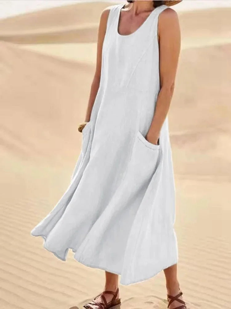 White Women's Sleeveless Scoop Neck Beach Dress With Pockets — Elena Casual Midi Sundress - Front Pose