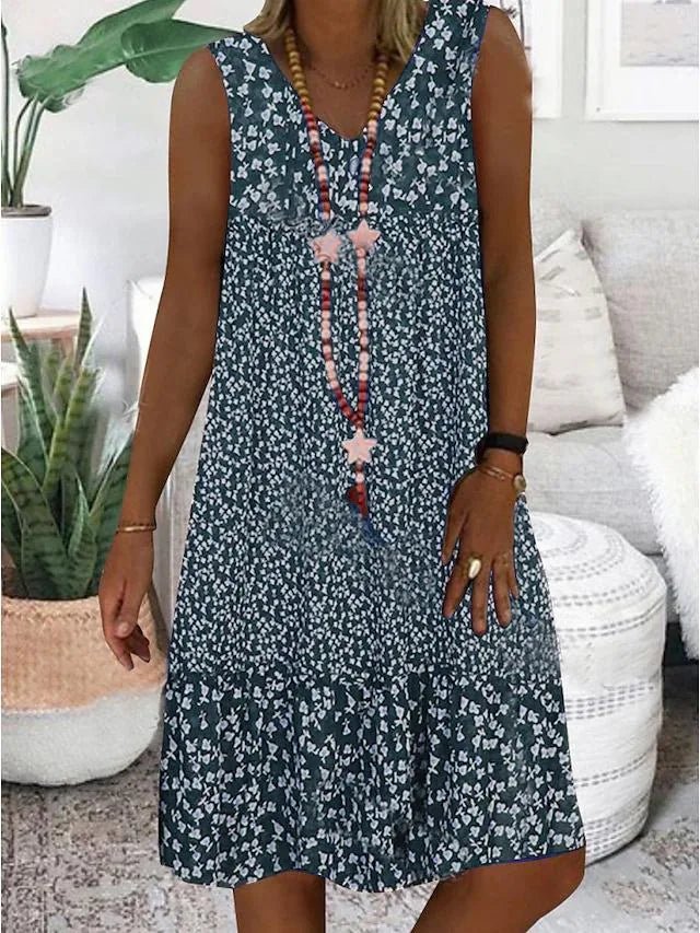 Esme | Chic Sleeveless V - Neck Floral Print Midi Dress - Navy Blue - 4