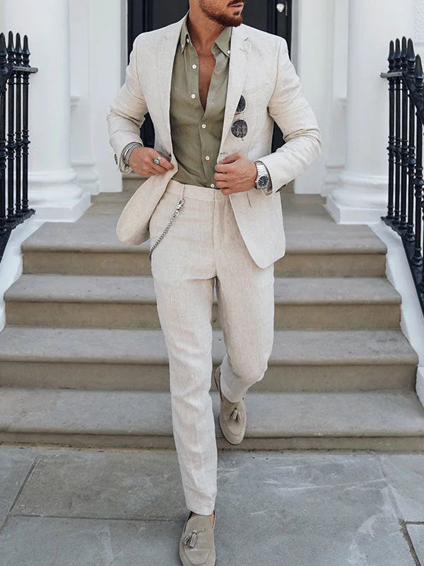 Cream Men's Slim Fit Two Piece Suit - Front Full