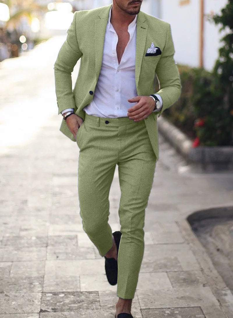Green Men's Slim Fit Two Piece Suit - Professional Pose