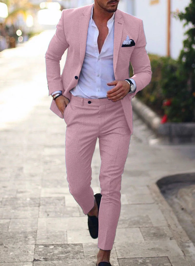 Pink Men's Slim Fit Two Piece Suit - Outdoor Casual