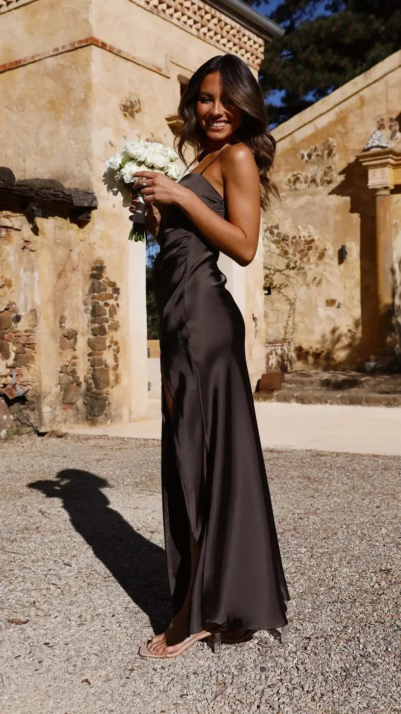 Espresso Women's Spaghetti Strap Slit Maxi Dress — Victoria Straight Neckline Evening - Side Pose