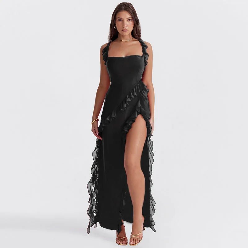 Lily | Elegant Ruffle Dress with Square Neck and High Slit - Black - 10