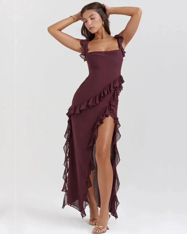 Lily | Elegant Ruffle Dress with Square Neck and High Slit - Burgundy - 1