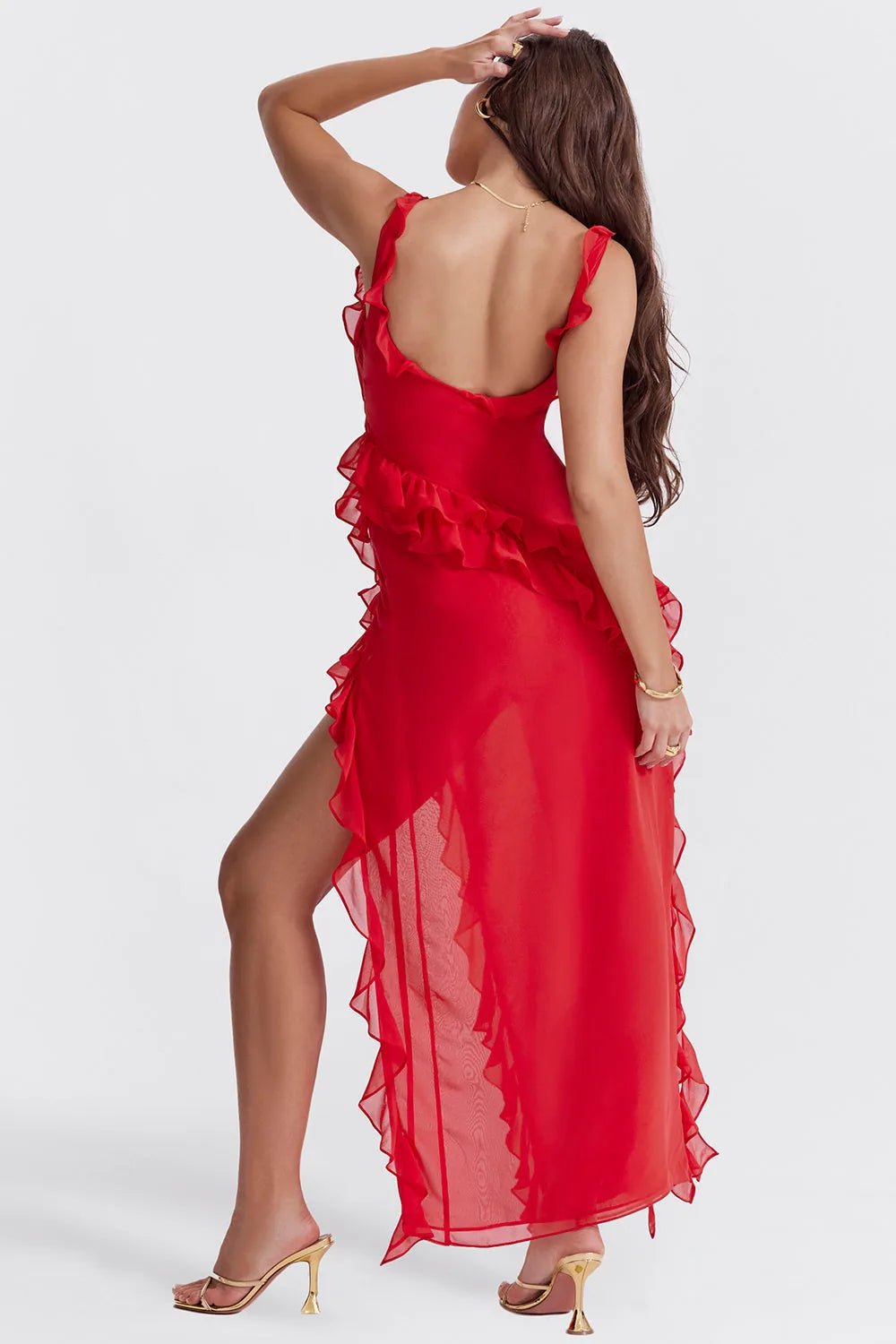 Lily | Elegant Ruffle Dress with Square Neck and High Slit - Red - 6