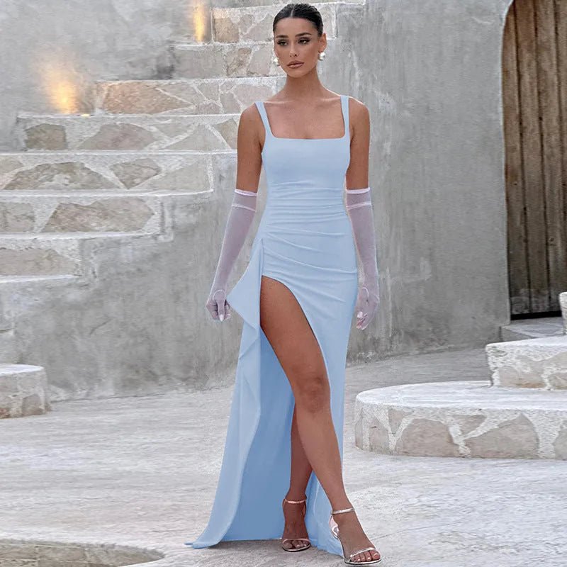 Clara | Elegant Square Neck Wedding Guest Dress With High Slit - Light Blue - 15