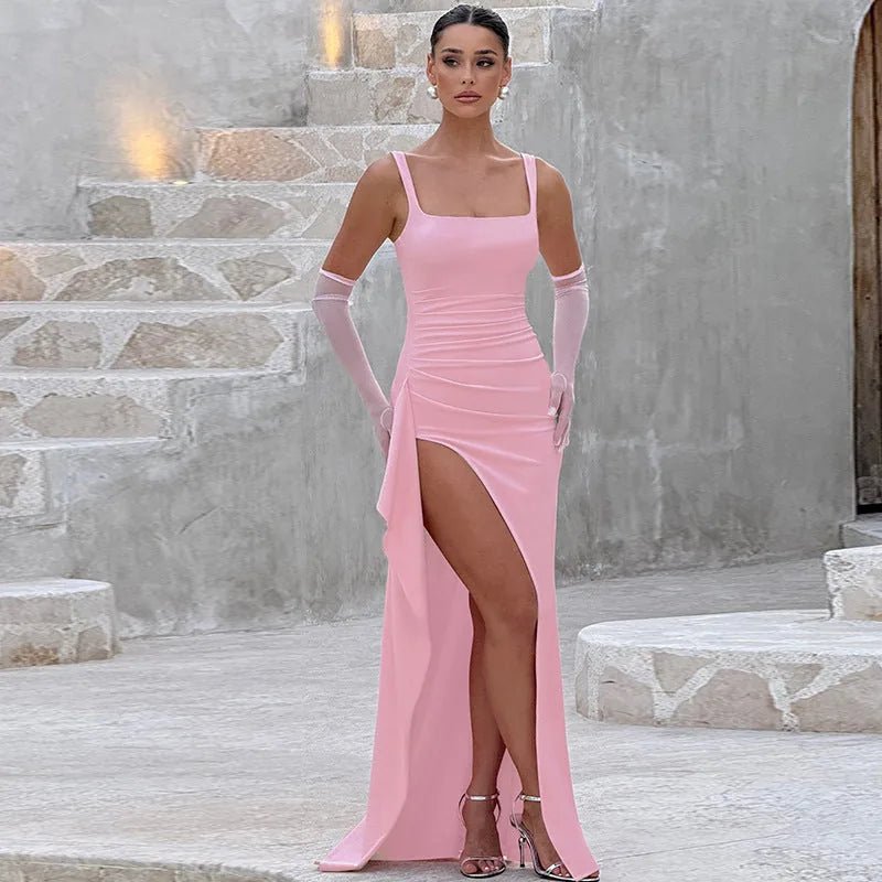 Clara | Elegant Square Neck Wedding Guest Dress With High Slit - Pink - 16