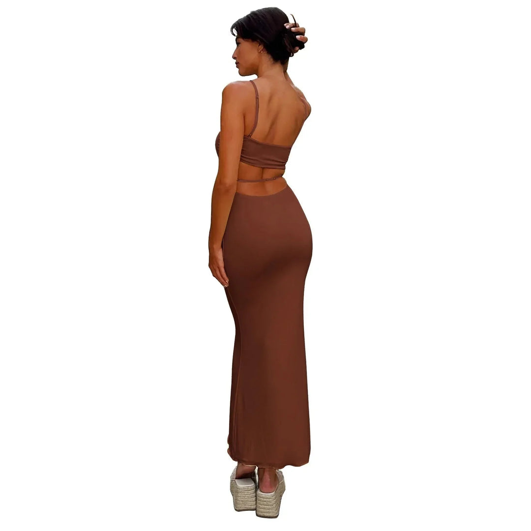 Brown Women's Strapless Backless Maxi Dress — Cherry Cut-Out Bodycon Evening - Back Cutout
