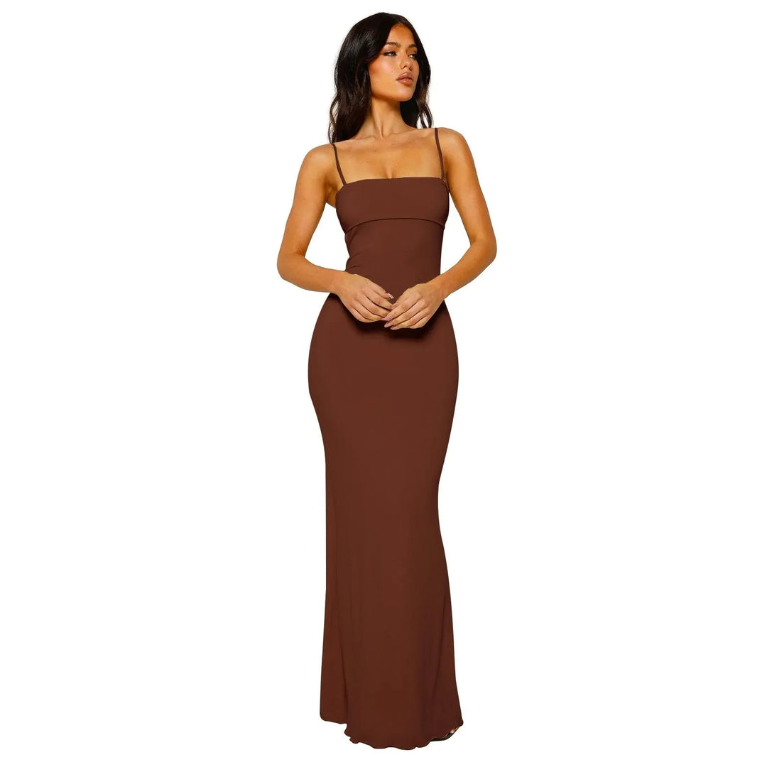 Brown Women's Strapless Backless Maxi Dress — Cherry Cut-Out Bodycon Evening - Front Classic