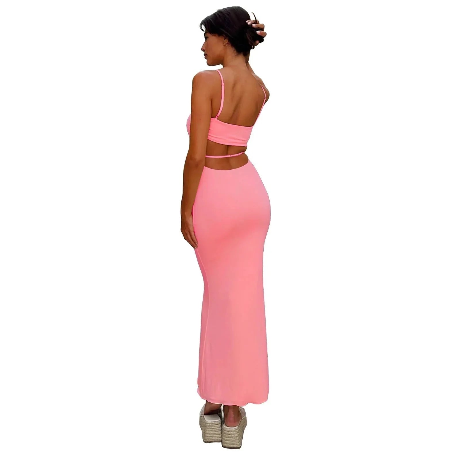 Pink Women's Strapless Backless Maxi Dress — Cherry Cut-Out Bodycon Evening - Back Side