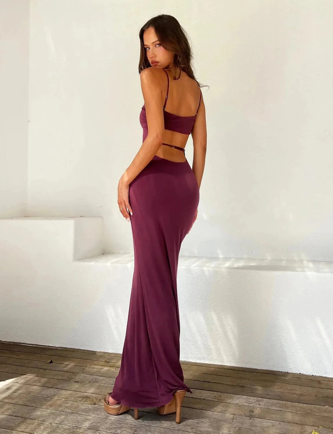 Purple Women's Strapless Backless Maxi Dress — Cherry Cut-Out Bodycon Evening - Back Pose