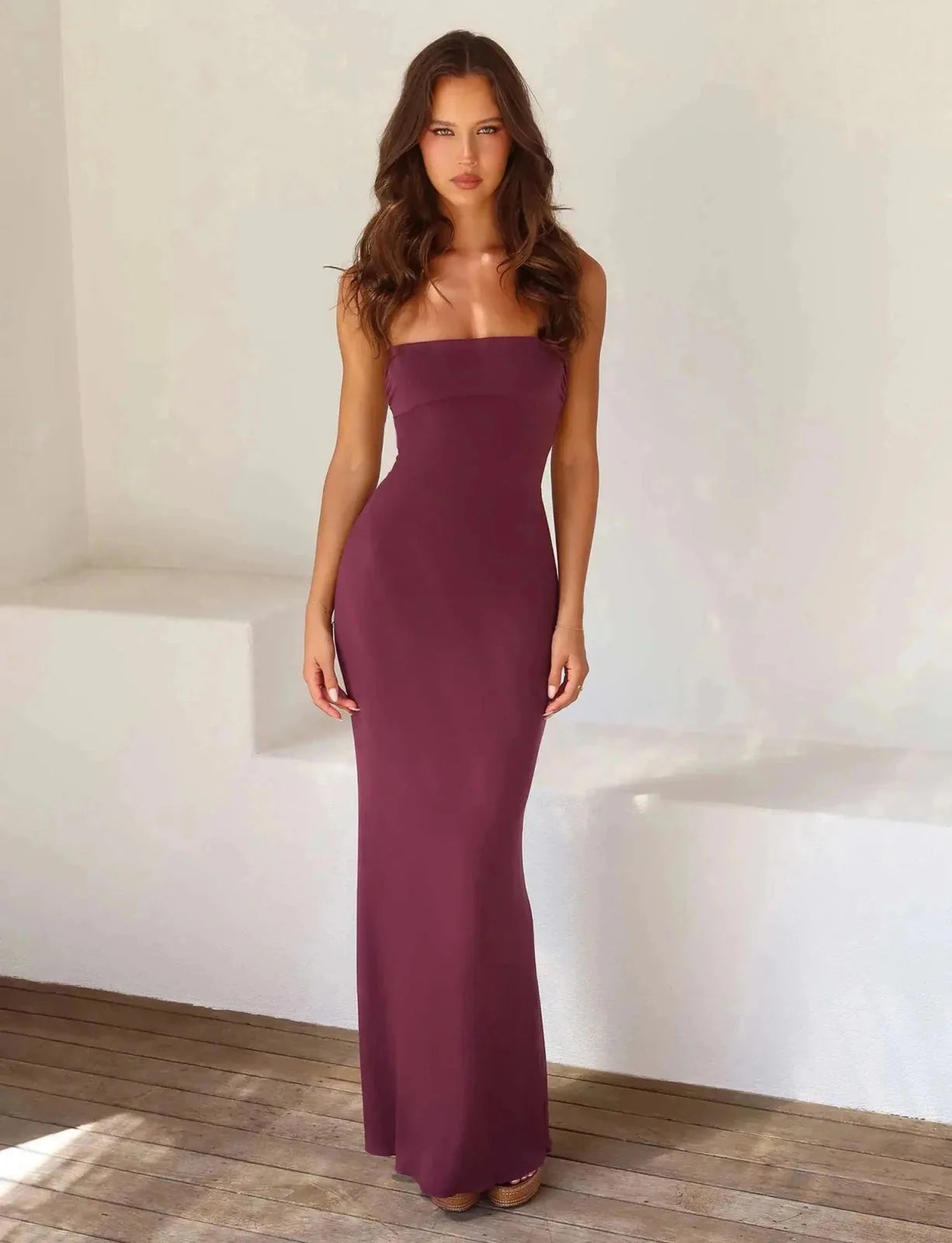 Purple Women's Strapless Backless Maxi Dress — Cherry Cut-Out Bodycon Evening - Front Studio