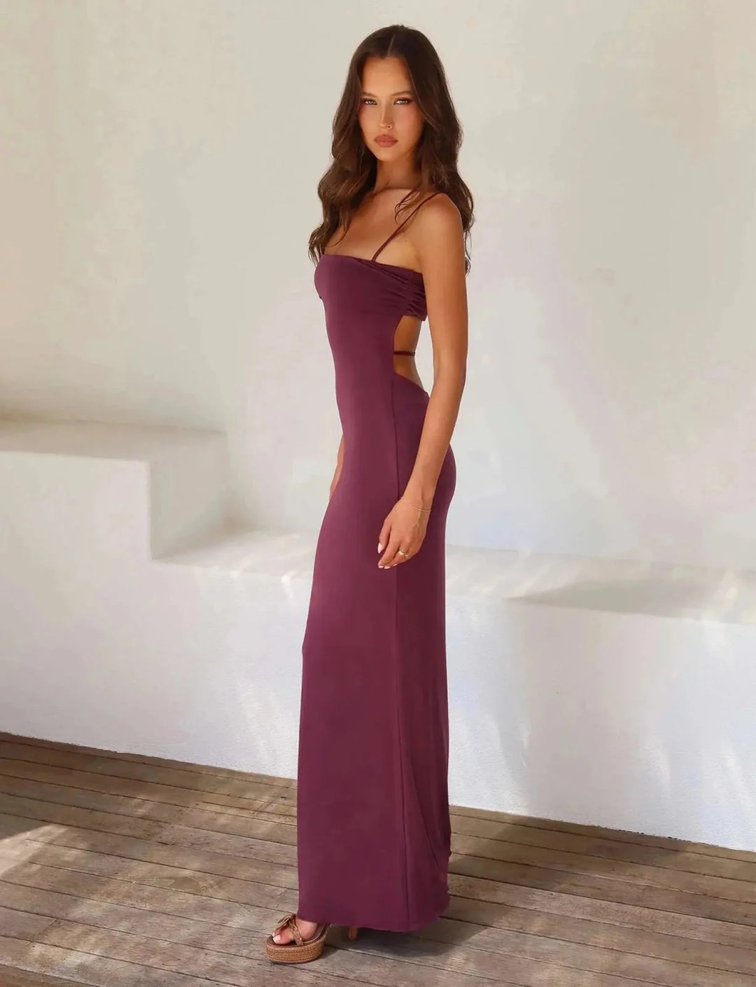Purple Women's Strapless Backless Maxi Dress — Cherry Cut-Out Bodycon Evening - Side Cutout