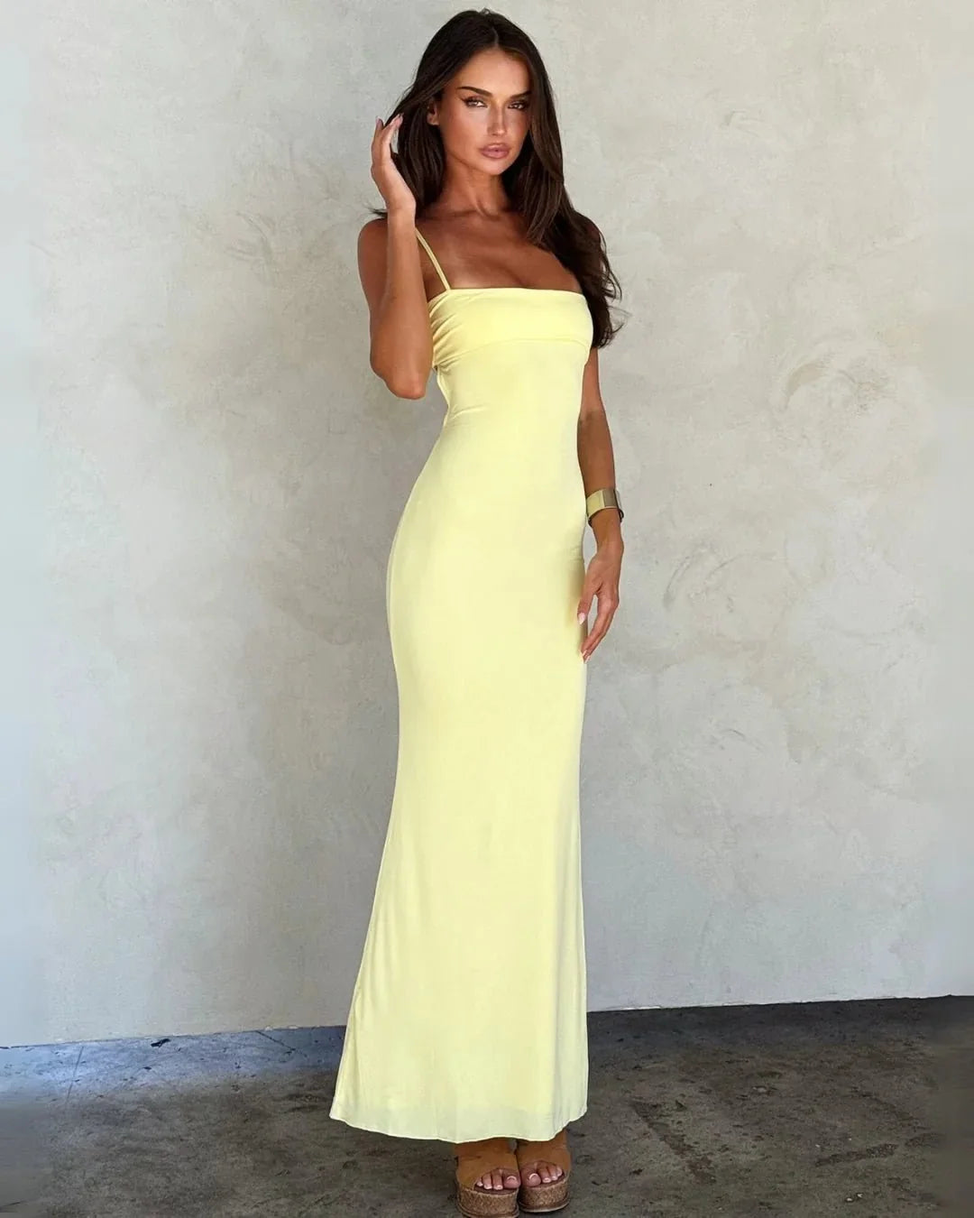 Yellow Women's Strapless Backless Maxi Dress — Cherry Cut-Out Bodycon Evening - Front Full