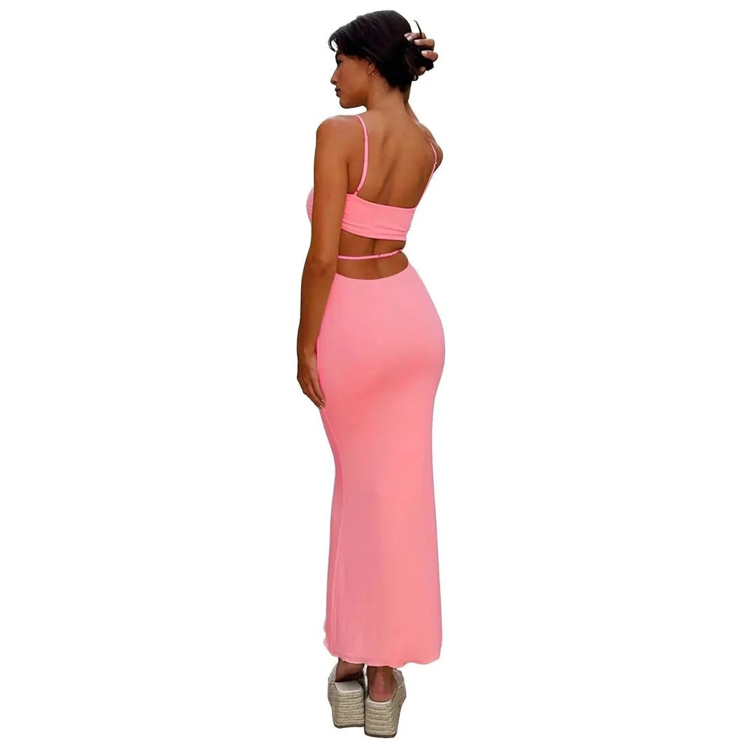 Pink Women's Strapless Backless Maxi Gown — Lina Cut-Out Elegant Evening - Back Side