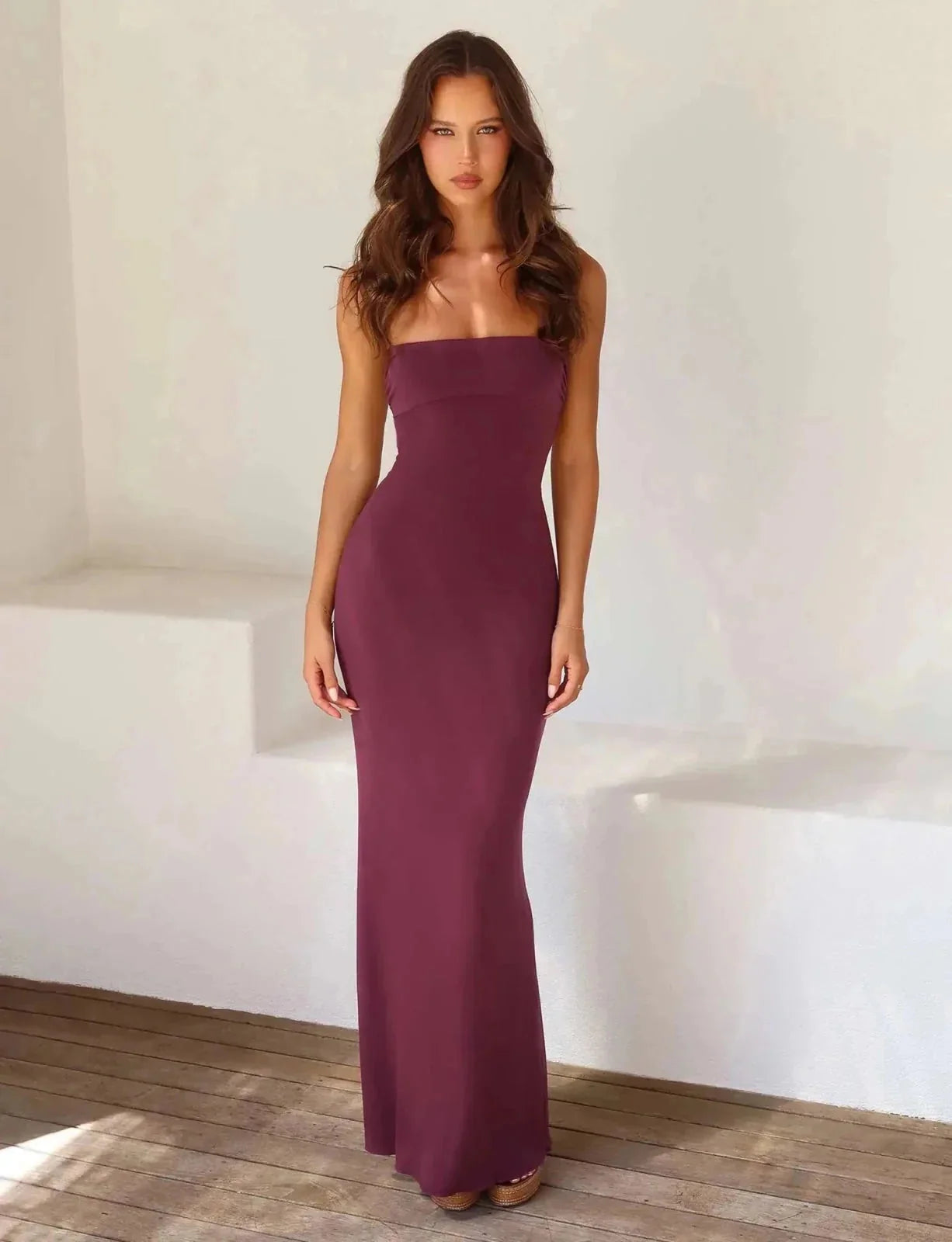 Purple Women's Strapless Backless Maxi Gown — Lina Cut-Out Elegant Evening - Front Studio