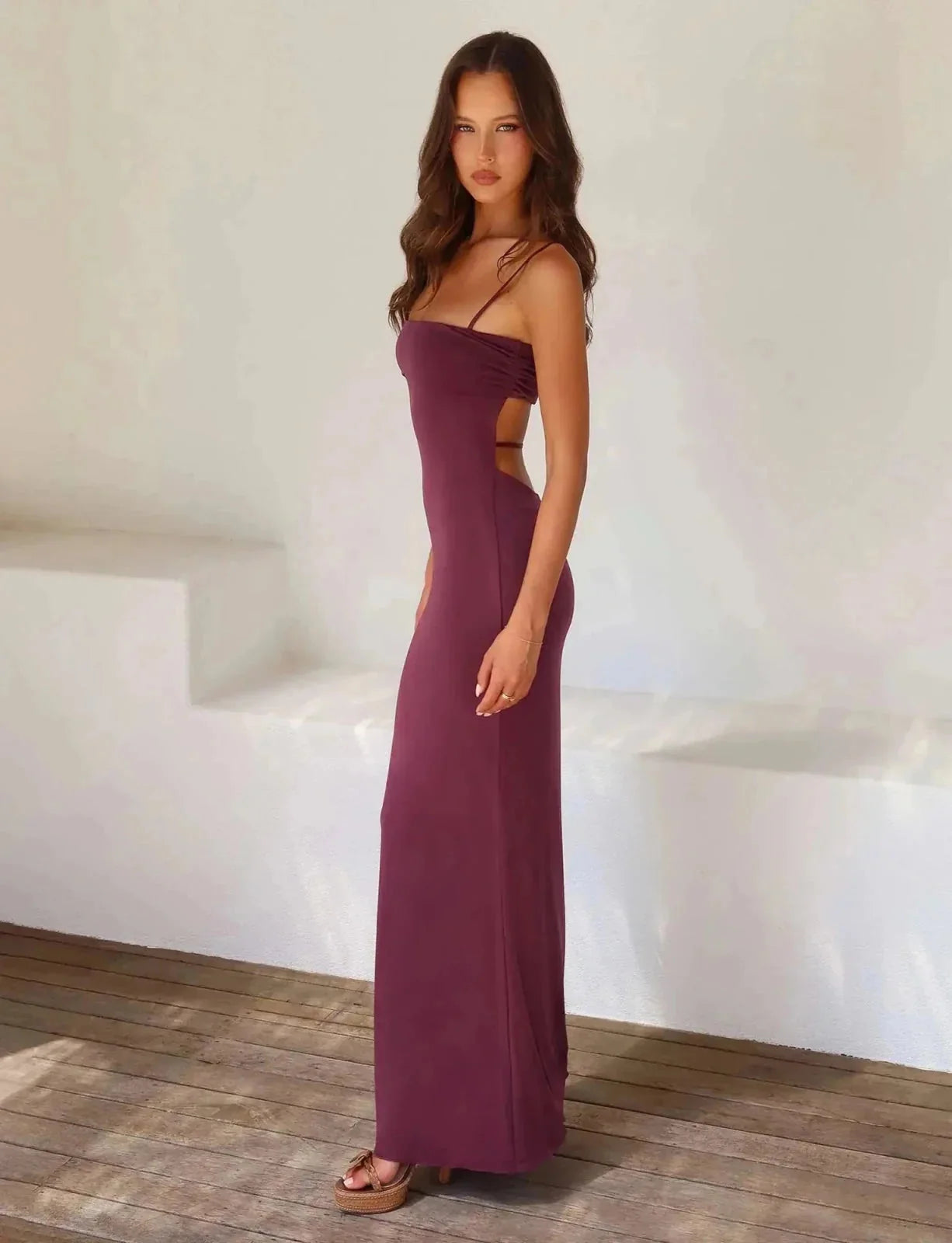 Purple Women's Strapless Backless Maxi Gown — Lina Cut-Out Elegant Evening - Side Angle