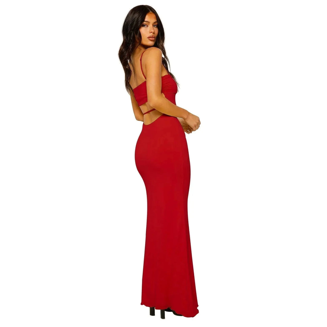 Red Women's Strapless Backless Maxi Gown — Lina Cut-Out Elegant Evening - Side Glamour