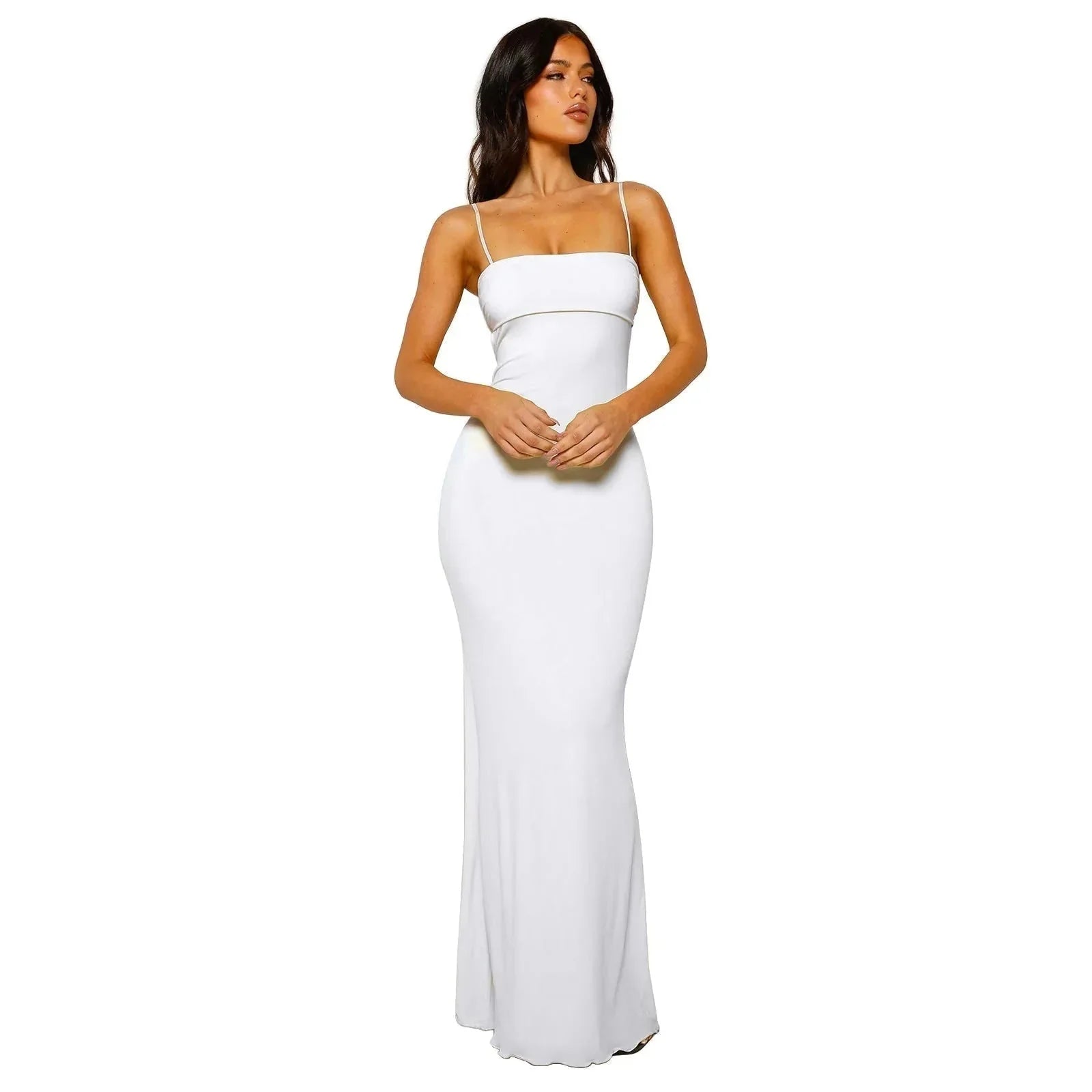 White Women's Strapless Backless Maxi Gown — Lina Cut-Out Elegant Evening - Front Standing