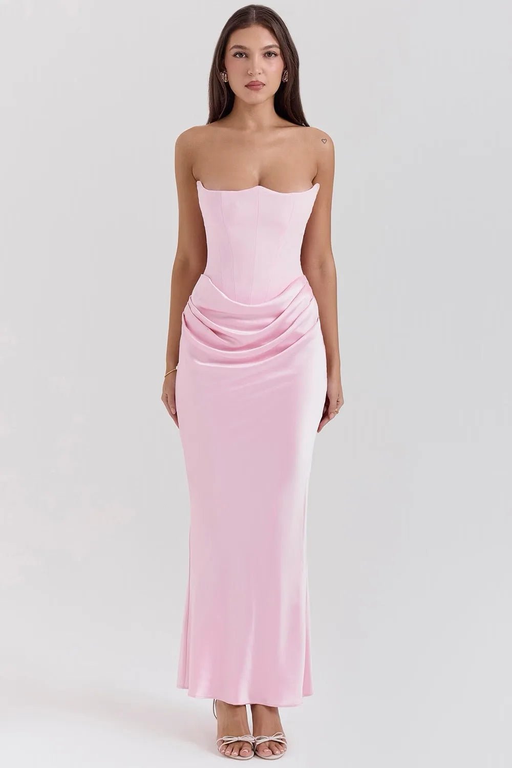 Elena | Elegant Strapless Wedding Guest Dress with Corset Bodice - Pink - 9
