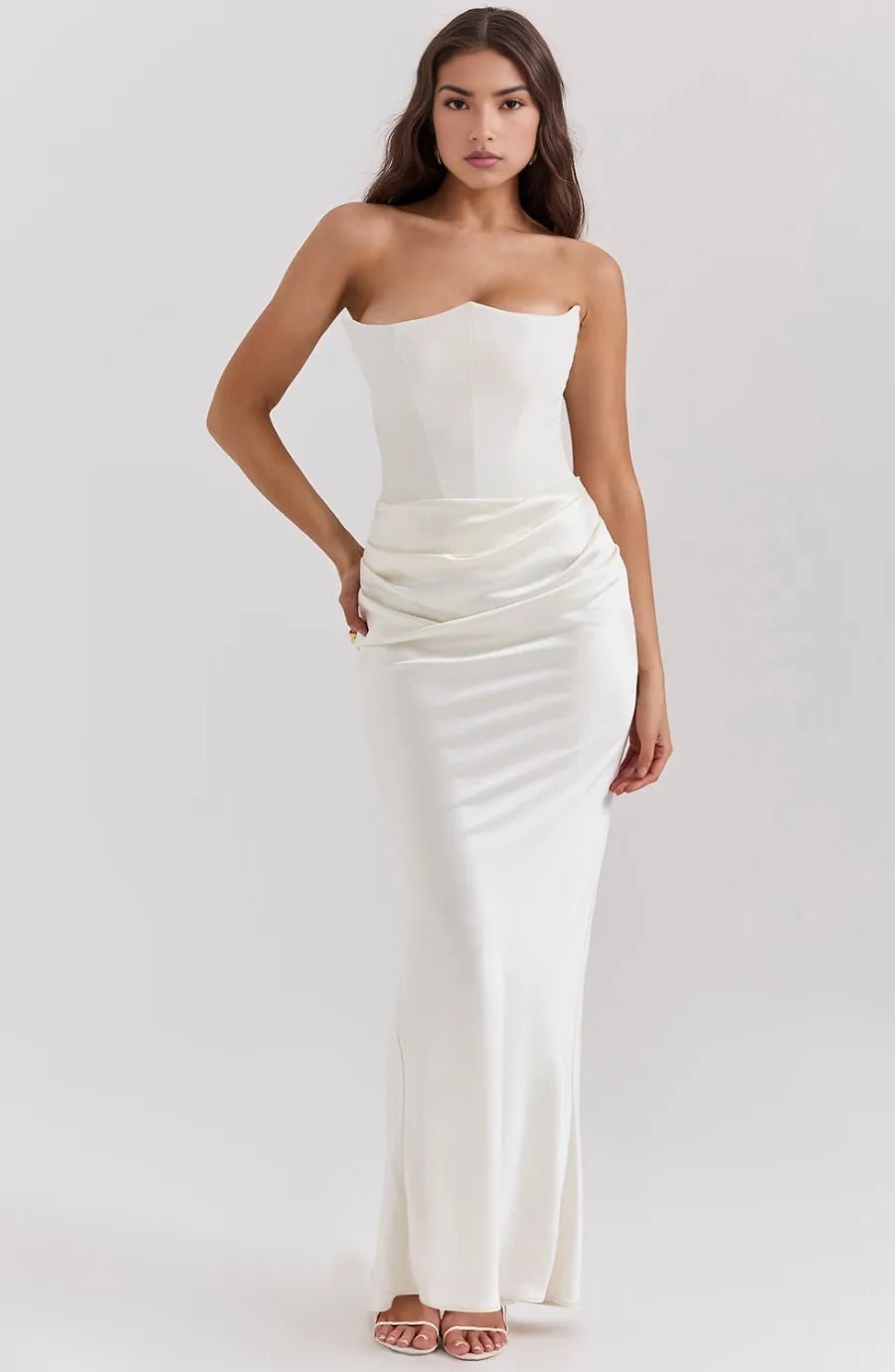 Elena | Elegant Strapless Wedding Guest Dress with Corset Bodice - White - 8