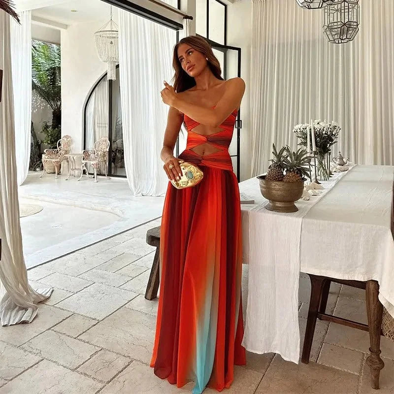 Red Women's Strapless Cutout Maxi Dress — Abby Sunset Ombre Evening - Side Pose
