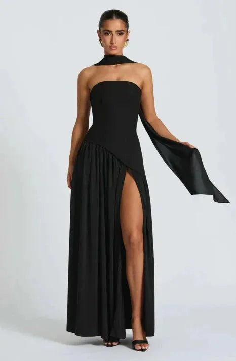 Black Women's Strapless Halter Neck Wedding Guest Dress — Ellen Asymmetric Slit Maxi - Front Elegant