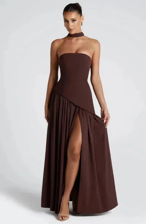 Brown Women's Strapless Halter Neck Wedding Guest Dress — Ellen Asymmetric Slit Maxi - Side Detail