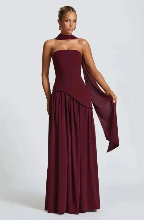 Burgundy Women's Strapless Halter Neck Wedding Guest Dress — Ellen Asymmetric Slit Maxi - Front Full