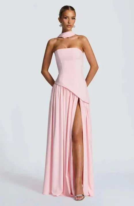 Pink Women's Strapless Halter Neck Wedding Guest Dress — Ellen Asymmetric Slit Maxi - Front Pose
