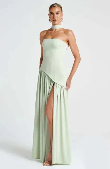 Sage Women's Strapless Halter Neck Wedding Guest Dress — Ellen Asymmetric Slit Maxi - Front Standing