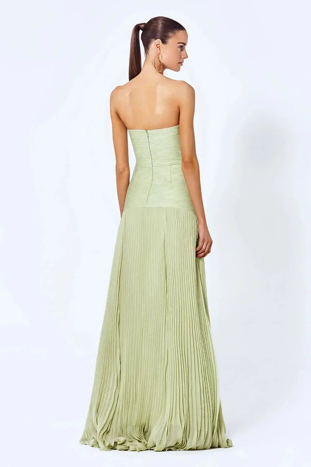 Light Green Women's Strapless Pleated Wedding Guest Dress — Jessa Formal Elegant - Back Detail