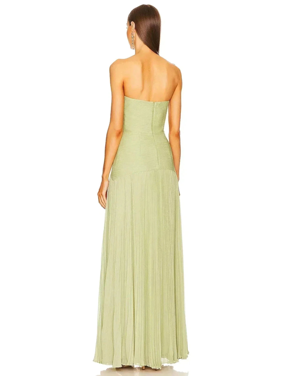 Light Green Women's Strapless Pleated Wedding Guest Dress — Jessa Formal Elegant - Back Pose