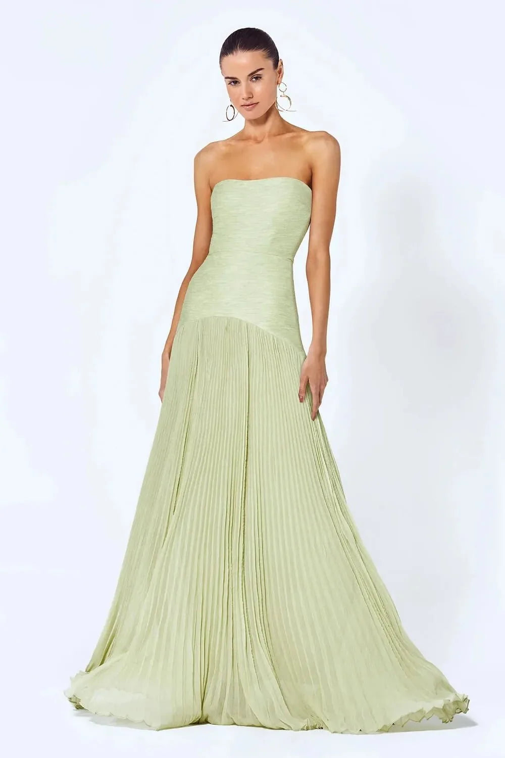 Light Green Women's Strapless Pleated Wedding Guest Dress — Jessa Formal Elegant - Front Full