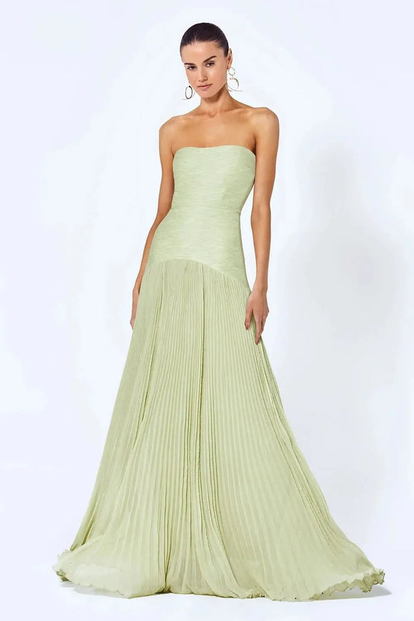 Light Green Women's Strapless Pleated Wedding Guest Dress — Jessa Formal Elegant - Front Full