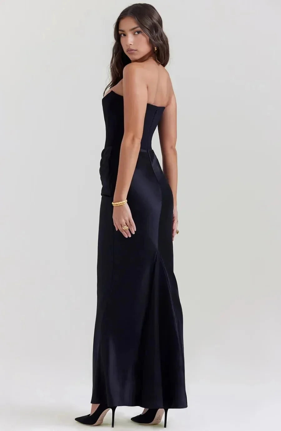 Black Women's Strapless Ruched Midi Dress — Violetta Bustier Wedding Guest - Back Detail