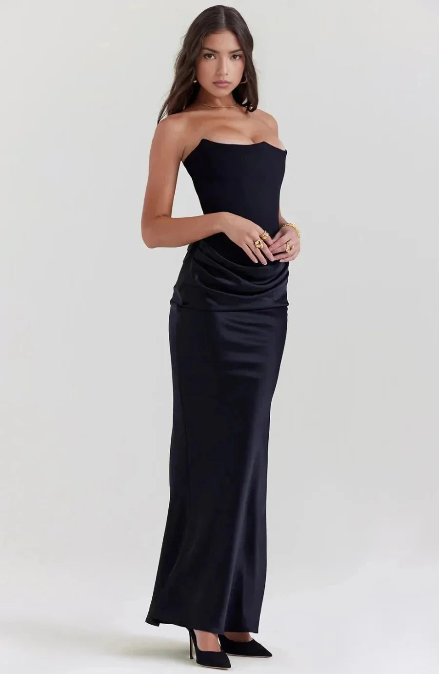 Black Women's Strapless Ruched Midi Dress — Violetta Bustier Wedding Guest - Front Relaxed