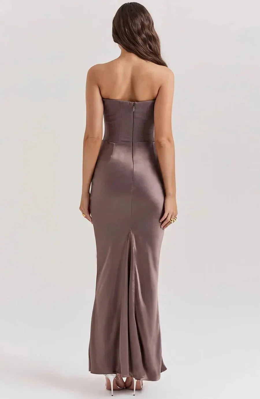 Brown Women's Strapless Ruched Midi Dress — Violetta Bustier Wedding Guest - Back Zipper
