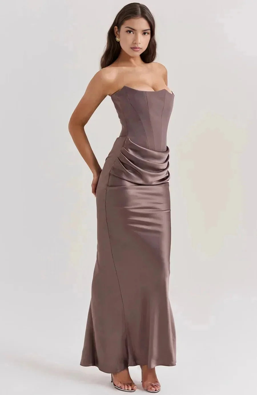Brown Women's Strapless Ruched Midi Dress — Violetta Bustier Wedding Guest - Front Pose